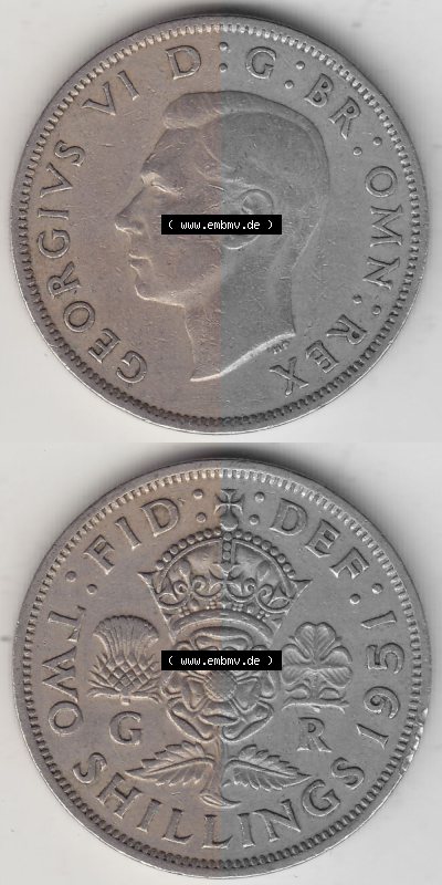 Alte Münzen Großbritannien Umlaufmünze 1949-1951, 2 Schilling, Shillings (Florin) 1951 (Stück 1), George VI, GEORGIVS VI DG... Sammlung
