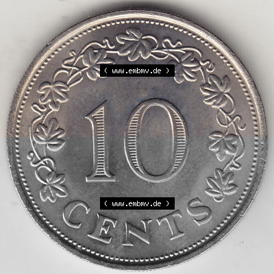 Bildmaterial Münzensatz / KMS 1972 aus Malta 1972-1981, 10 Cent 1972 (Stück 1), MALTA 10 CENTS. Rückseite als Einzelansicht... Sammlung