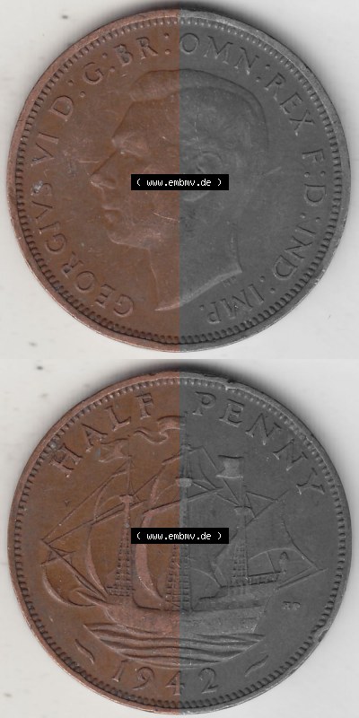 Alte Münzen Großbritannien Umlaufmünze 1937-1948, Half Penny, 1942 (Stück 1), George VI, HALF PENNY HP, Segelschiff. Vorderseite... Sammlung