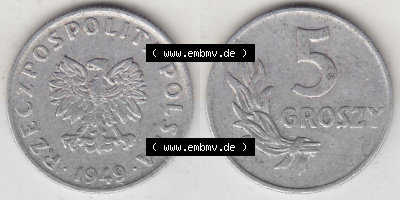 1949-1949, Republik Polen 5 Groszy, Groschen, Aluminium 1949 Sammlung