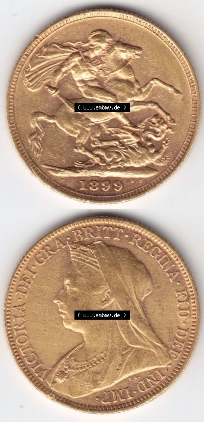 Alte Goldmünzen Großbritannien Gold-Münze 1893-1901, 1 Pfund Sovereign 1899. Vorderseite und Rückseite horizontal auf einen... Sammlung