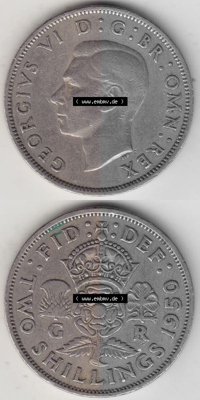 Alte Münzen Großbritannien Umlaufmünze 1949-1951, 2 Schilling, Shillings (Florin) 1950 (Stück 2), George VI, GEORGIVS VI DG... Sammlung