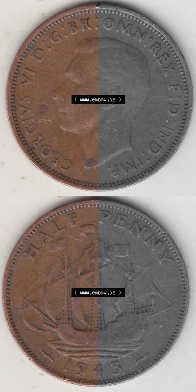 Alte Münzen Großbritannien Umlaufmünze 1937-1948, Half Penny, 1943 (Stück 1), George VI, HALF PENNY HP, Segelschiff. Vorderseite... Sammlung