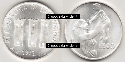 Bildmaterial Münzensatz / KMS 1972 aus San Marino 1972-1972, 500 Lire 1972 L. 500 REPUBBLICA DI SAN MARINO, Silbermünze. Vorderseite... Sammlung