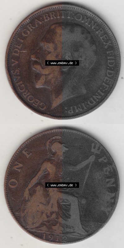 Alte Münzen Großbritannien Umlaufmünze 1911-1926, 1 Penny, One Penny, 1912 (Stück 1), B.M. GEORGIVS V DEI GRA BRITT OMN REX... Sammlung
