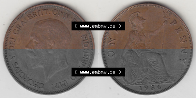 Münzen Großbritannien Umlaufmünze 1928-1936, 1 One Penny, 1936 (Stück 3), George V. BM GEORGIVS V DEI GRABRITTOMNREX FIDDEFINDIMP.... Sammlung