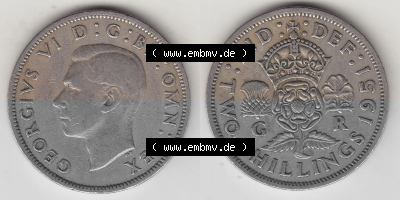Alte Münzen Großbritannien Umlaufmünze 1949-1951, 2 Schilling, Shillings (Florin) 1951 (Stück 2), George VI, GEORGIVS VI DG... Sammlung