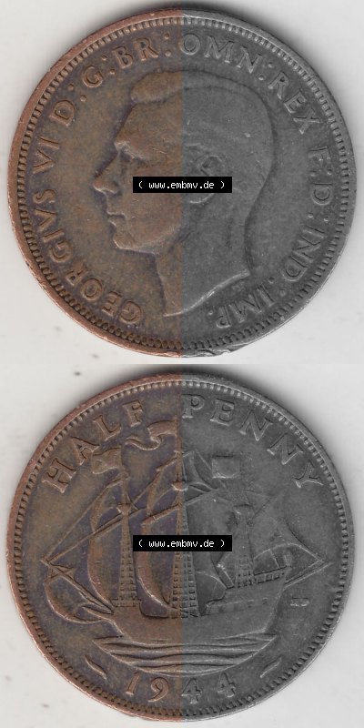 Alte Münzen Großbritannien Umlaufmünze 1937-1948, Half Penny, 1944 (Stück 1), George VI, HALF PENNY HP, Segelschiff. Vorderseite... Sammlung