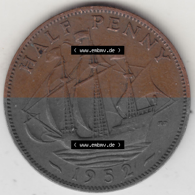 Alte Münzen Großbritannien Umlaufmünze 1949-1952, Half Penny, 1952 (Stück 1), George VI, HALF PENNY HP, Segelschiff. Rückseite... Sammlung