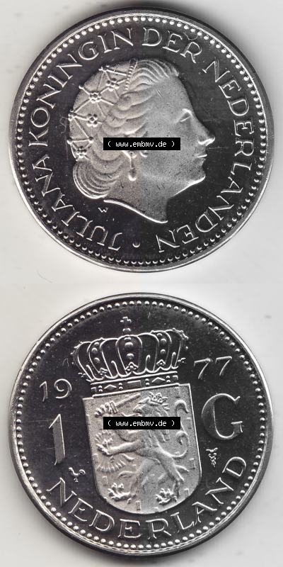 Alte Münzen KMS Niederlande, Kursmünzensatz 1977, 1967-1980, 1 Gulden, 1977 (Stück 1) JULIANA KONINGIN DER NEDERLANDEN. Digitales... Sammlung