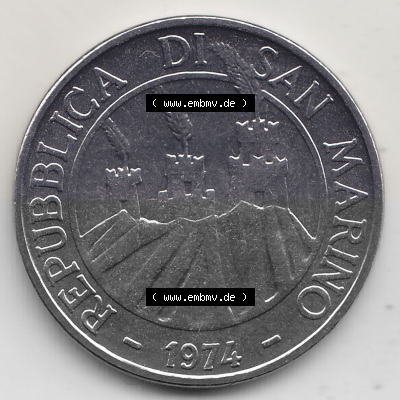 Bildmaterial Münzensatz / KMS 1974 aus San Marino 1974-1974, 50 Lire, L.50 MINGUZZI MONASSI INC.. Vorderseite einer Umlaufmünze... Sammlung