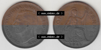 Münzen Großbritannien Umlaufmünze 1937-1948. 1 One Penny 1945 (Stück 1), George VI, GEORGIVS VI DGBROMNREX FDINDIMP. HP. Vorderseite... Sammlung