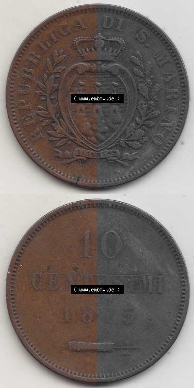 Bildmaterial Münzen aus San Marino vor 1900, 1875-1894, 10 Centesimi, Cent-Wert, 1875 (Stück 1), GORI LIBERTAS REPUBBLICA DI... Sammlung