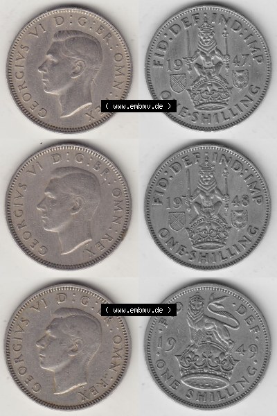 Alte Münzen Großbritannien Umlaufmünze One Shilling, 1 Schilling 1947, 1948, 1949. Ein Satz alter Münzen aus Großbritannien... Sammlung