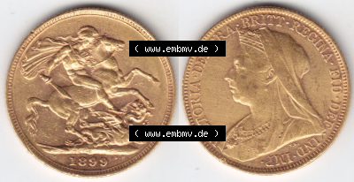 Alte Goldmünzen Großbritannien Gold-Münze 1893-1901, 1 Pfund Sovereign 1899. Vorderseite und Rückseite horizontal auf einen... Sammlung