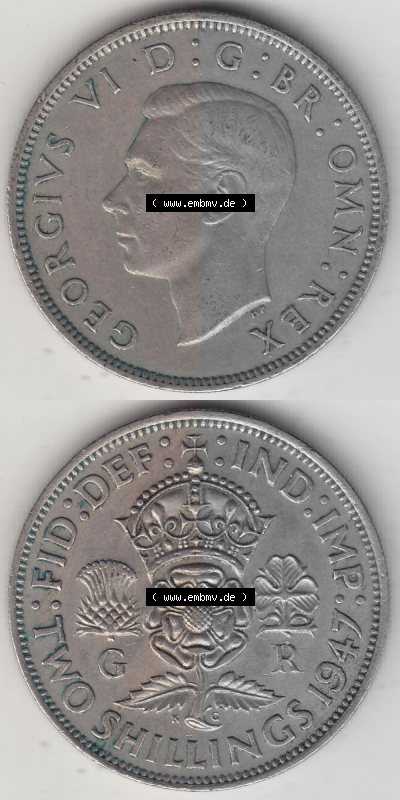 Alte Münzen Großbritannien Umlaufmünze 1947-1948, 2 Schilling-Florin, Two Shillings, 1947 (Stück 1), George VI, GEORGIVS VI... Sammlung