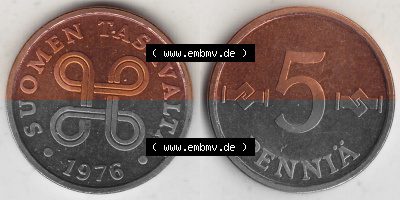 Alte Münzen KMS Finnland, Kursmünzensatz 1976 in Stempelglanz 1963-1977, 5 Penny Penniä 1976 (Stück 1), SUOMEN TASAVALTA.... Sammlung