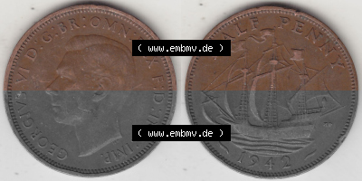Alte Münzen Großbritannien Umlaufmünze 1937-1948, Half Penny, 1942 (Stück 1), George VI, HALF PENNY HP, Segelschiff. Vorderseite... Sammlung