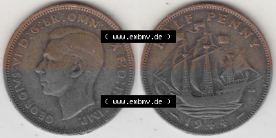 Alte Münzen Großbritannien Umlaufmünze 1937-1948, Half Penny, 1944 (Stück 1), George VI, HALF PENNY HP, Segelschiff. Vorderseite... Sammlung