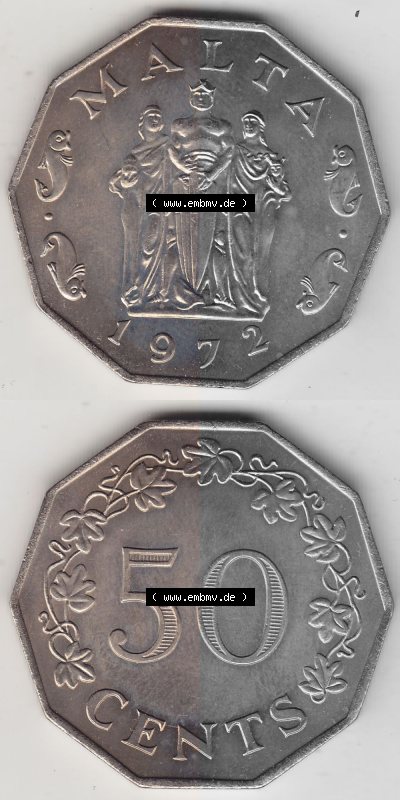 Bildmaterial Münzensatz / KMS 1972 aus Malta 1972-1981, 50 Cent 1972 (Stück 1), MALTA 50 CENTS. Vorderseite und Rückseite als... Sammlung