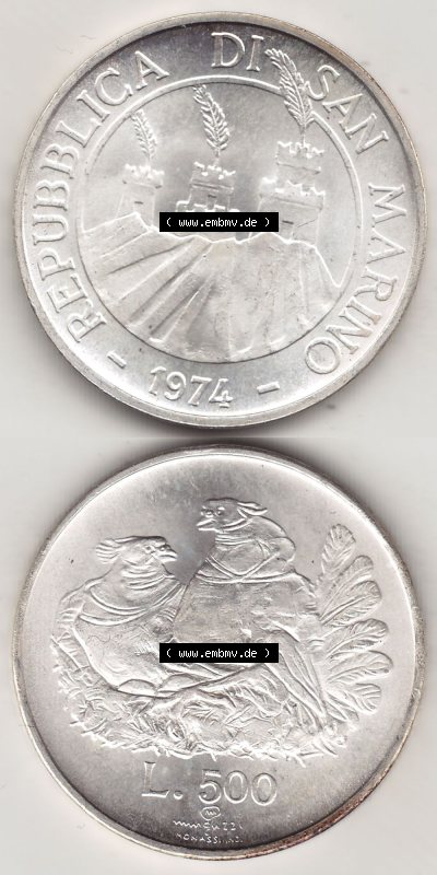500 Lire Silbermünze 1974 aus San Marino, wertvolle Edelmetallmünze Münze in Silber Sammlung