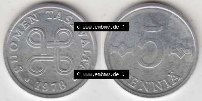 Alte Münzen KMS Finnland, Kursmünzensatz 1978 in Stempelglanz 1977-1990, 5 Penny, 1978 (Stück 1). Digitales Bild / Bildmaterial... Sammlung