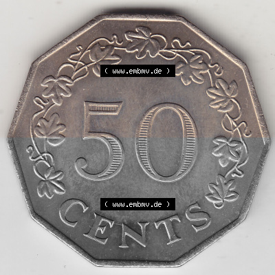 Bildmaterial Münzensatz / KMS 1972 aus Malta 1972-1981, 50 Cent 1972 (Stück 1), MALTA 50 CENTS. Rückseite als Einzelansicht... Sammlung
