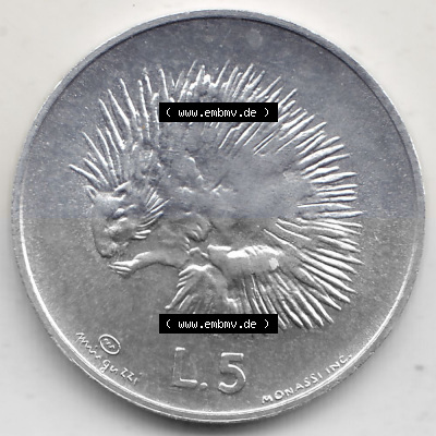 Bildmaterial Münzensatz / KMS 1974 aus San Marino 1974-1974, 5 Lire, L.5 MINGUZZI MONASSI INC.. Rückseite als Einzelansicht... Sammlung