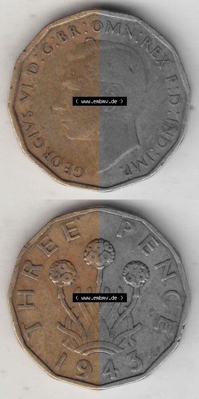Alte Münzen Großbritannien Umlaufmünze 1937-1948, 3 Pence, Three Pence 1943 (Stück 1), George VI, GEORGIVS VI D G BR OMN REX... Sammlung