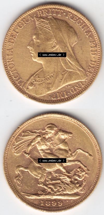 Alte Goldmünzen Großbritannien Gold-Münze 1893-1901, 1 Pfund Sovereign 1899. Vorderseite und Rückseite vertikal untereinander... Sammlung