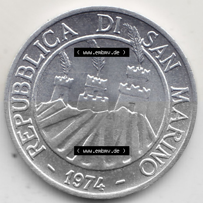 Bildmaterial Münzensatz / KMS 1974 aus San Marino 1974-1974, 5 Lire, L.5 MINGUZZI MONASSI INC.. Vorderseite einer Umlaufmünze... Sammlung