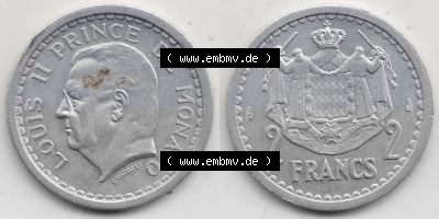Alte Münzen Monaco Umlaufmünze Vollansicht 1943-1943, 2 Franken 1943 (Stück 2), in Aluminium, LOUIS II PRINCE DE MONACO, 2... Sammlung