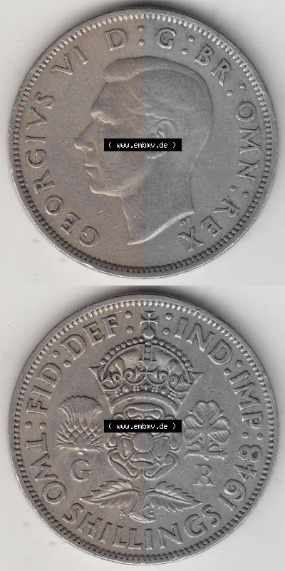Alte Münzen Großbritannien Umlaufmünze 1947-1948, 2 Schilling-Florin, Two Shillings, 1948 (Stück 1), George VI, GEORGIVS VI... Sammlung