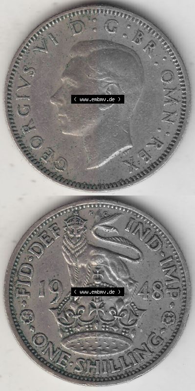 Alte Münzen Großbritannien Umlaufmünze 1949-1951, 1 One Schilling - Shilling, 1948 (Stück 2) Stehender Löwe auf Krone. Vorderseite... Sammlung