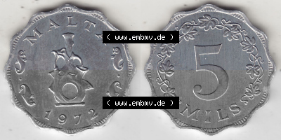 Bildmaterial Münzensatz / KMS 1972 aus Malta 1972-2007, 5 Mils 1972 (Stück 1), MALTA 5 MILS. Vorderseite und Rückseite als... Sammlung