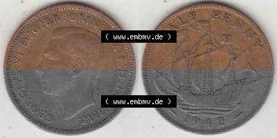 Alte Münzen Großbritannien Umlaufmünze 1937-1948, Half Penny, 1942 (Stück 2), George VI, HALF PENNY HP, Segelschiff. Vorderseite... Sammlung