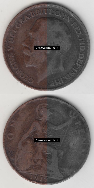 Alte Münzen Großbritannien Umlaufmünze 1911-1926, 1 Penny, One Penny, 1917 (Stück 1), B.M. GEORGIVS V DEI GRA BRITT OMN REX... Sammlung