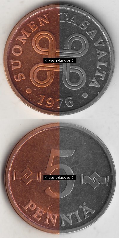 Alte Münzen KMS Finnland, Kursmünzensatz 1976 in Stempelglanz 1963-1977, 5 Penny Penniä 1976 (Stück 1), SUOMEN TASAVALTA.... Sammlung