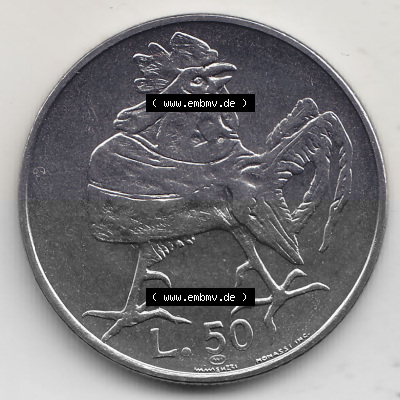 Bildmaterial Münzensatz / KMS 1974 aus San Marino 1974-1974, 50 Lire, L.50 MINGUZZI MONASSI INC.. Rückseite als Einzelansicht... Sammlung