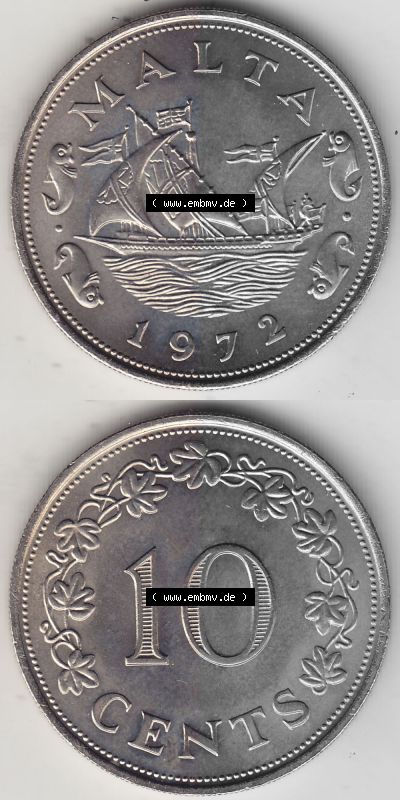 Bildmaterial Münzensatz / KMS 1972 aus Malta 1972-1981, 10 Cent 1972 (Stück 1), MALTA 10 CENTS. Vorderseite und Rückseite als... Sammlung