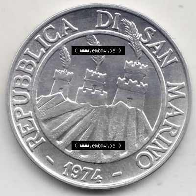 Bildmaterial Münzensatz / KMS 1974 aus San Marino 1974-1974, 10 Lire, L.10 MINGUZZI MONASSI INC.. Vorderseite einer Umlaufmünze... Sammlung