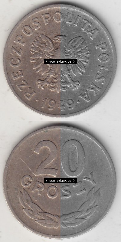 1949-1949, Republik Polen 20 Groszy, Groschen, Kupfer 1949 Sammlung
