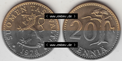 Alte Münzen KMS Finnland, Kursmünzensatz 1978 in Stempelglanz 1963-1990, 20 Penny, 1978 (Stück 1). Digitales Bild / Bildmaterial... Sammlung