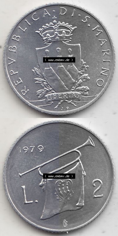 Bildmaterial Münzensatz / KMS 1979 aus San Marino 1979-1979, 2 Lire, J. V. LIBERTAS REPVBBLICA DI S. MARINO, 1979 L.2. Vorderseite... Sammlung
