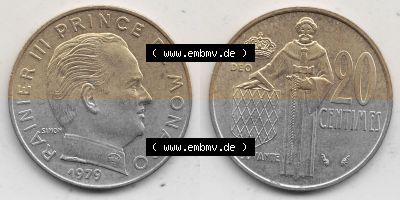Alte Münzen Monaco Umlaufmünze Vollansicht 1962-1995, 20 Centimes, Cent 1979 (Stück 1), RAINIER III PRINCE DE MONACO SIMON,... Sammlung