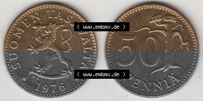 Alte Münzen KMS Finnland, Kursmünzensatz 1976 in Stempelglanz 1963-1990, 50 Penny Penniä 1976 (Stück 1), SUOMEN TASAVALTA.... Sammlung