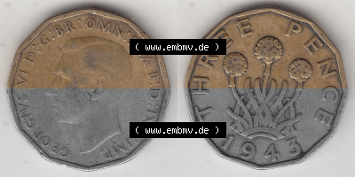 Alte Münzen Großbritannien Umlaufmünze 1937-1948, 3 Pence, Three Pence 1943 (Stück 3), George VI, GEORGIVS VI D G BR OMN REX... Sammlung