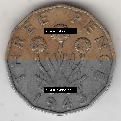 Alte Münzen Großbritannien Umlaufmünze 1937-1948, 3 Pence, Three Pence 1943 (Stück 1), George VI, GEORGIVS VI D G BR OMN REX... Sammlung