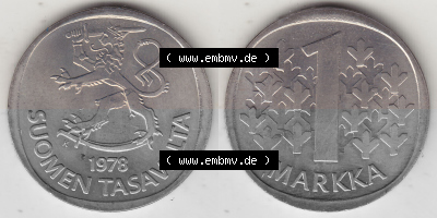 Alte Münzen KMS Finnland, Kursmünzensatz 1978 in Stempelglanz 1969-1993, 1 finnische Mark, Markka 1978 (Stück 1). Digitales... Sammlung