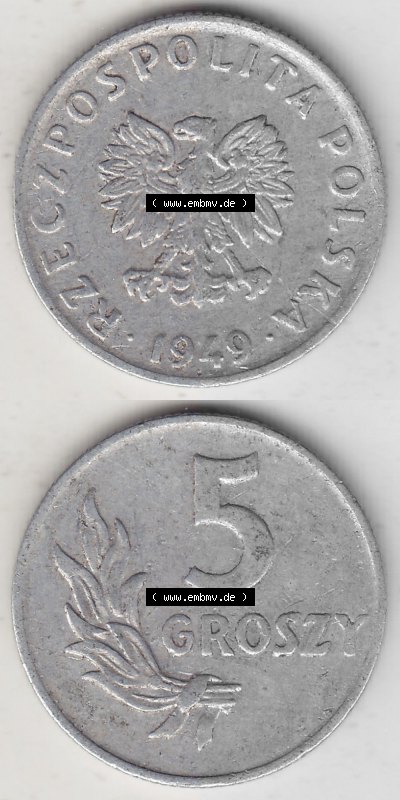 1949-1949, Republik Polen 5 Groszy, Groschen, Aluminium 1949 Sammlung